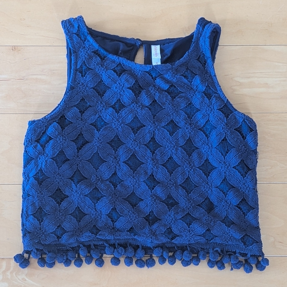 💠 Xhilaration Pom Pom Lace Crop Top | Size M (fits S) | Navy Blue
